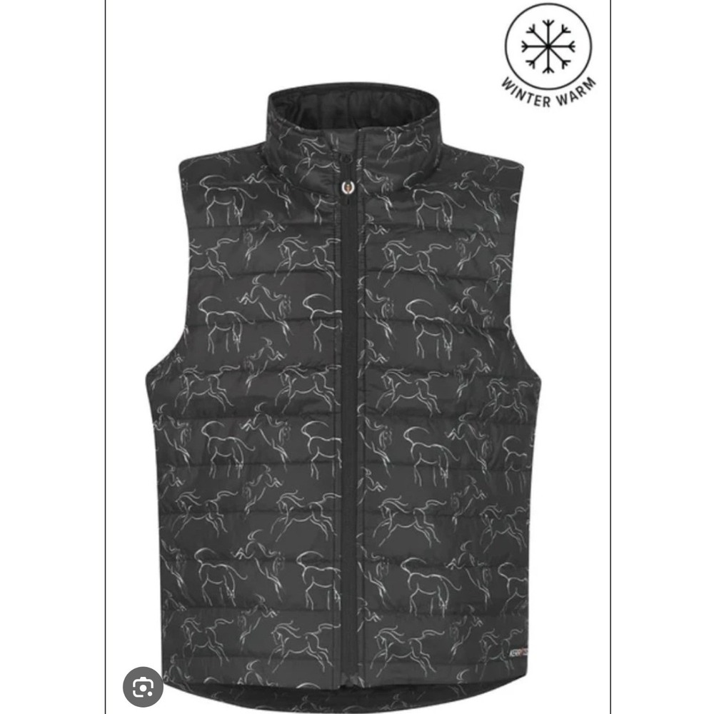 Kerrits Youth Winter Whinnies Vest Black Horse Print Puffer Equestrian- XL